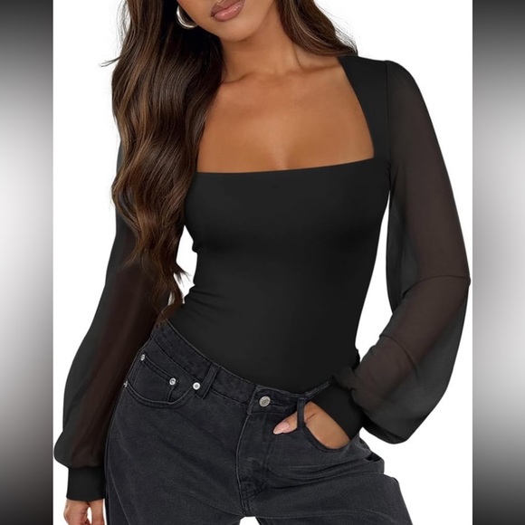 PINKMSTYLE Women Square Neck Double Lined Mesh Long Sleeve Thong Bodysuit NWT L - Picture 1 of 9